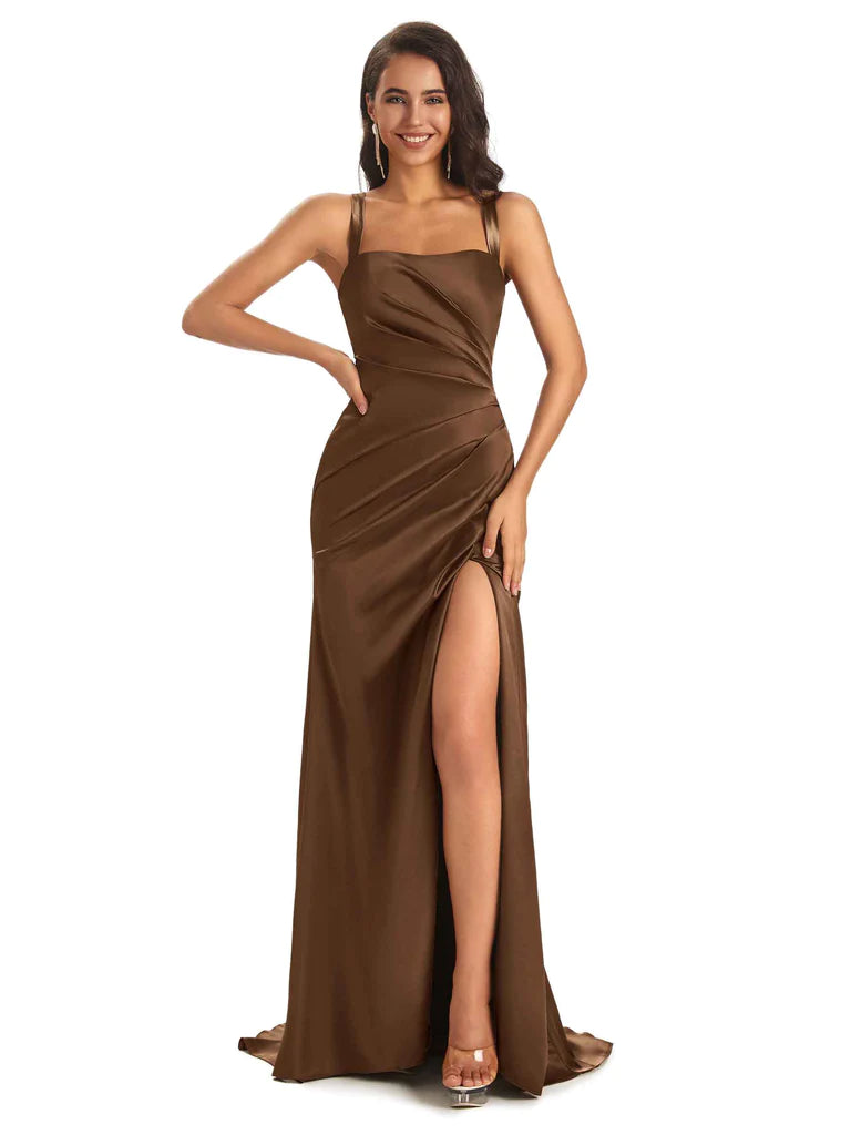 Women's Attire Minimalist Elegant Soft Satin Straps Sheath Side Slit Cross Back Sexy Mermaid Bridesmaid Dresses Online In Stock