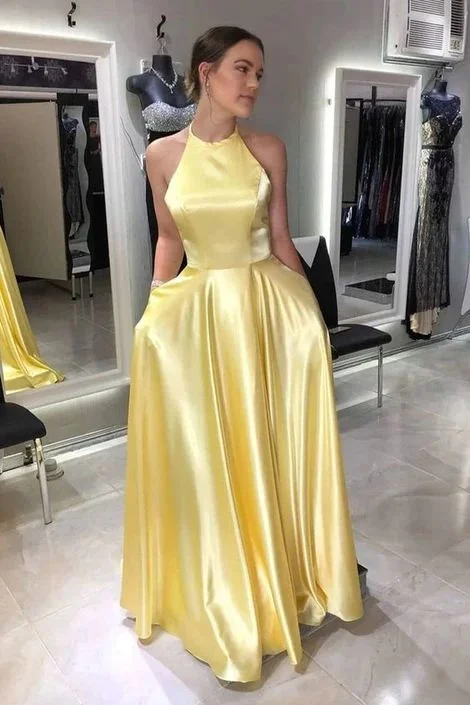 Women's Wedding Apparel Graceful Cut halter yellow satin prom dresses, lace-up yellow satin prom dresses  cg9155