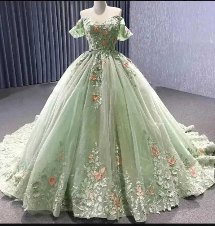 Women's Clothing For Outdoor Events Soft Textures Sage Green Shiny Ball Gown Quinceanera Dresses Vestidos De 15 Anos Party 3D Flower Cinderella 16 Birthday Princess Gowns