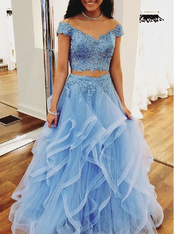 Stylish And Comfortable Clothing For Women Bohemian Vibe Women Blue 2 Pieces Prom Dresses Long Appliques Evening Gowns Formal Party Dress YPD336